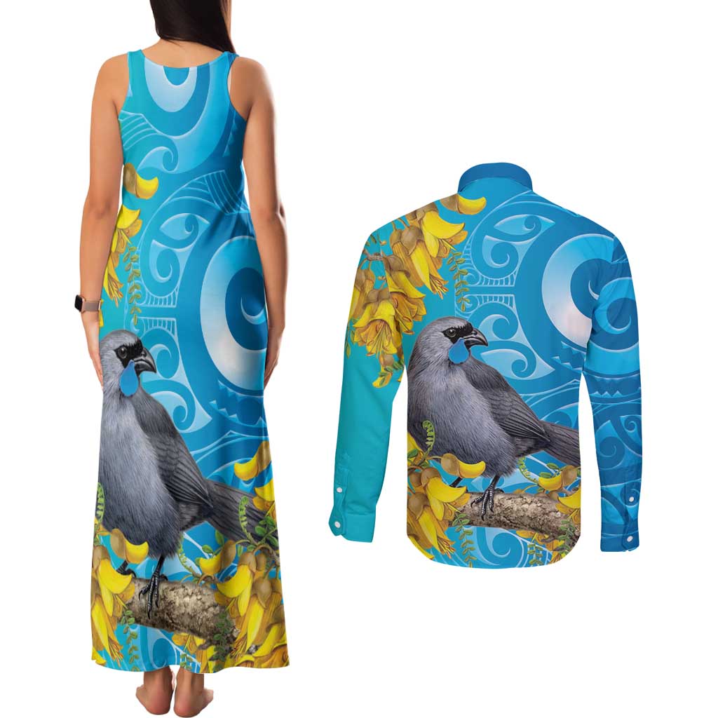 New Zealand Kokako Bird Couples Matching Tank Maxi Dress and Long Sleeve Button Shirt Maori Koru With Kowhai Flowers - Aussie Hoodie