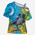 New Zealand Kokako Bird Cross Shoulder Shirt Maori Koru With Kowhai Flowers - Aussie Hoodie