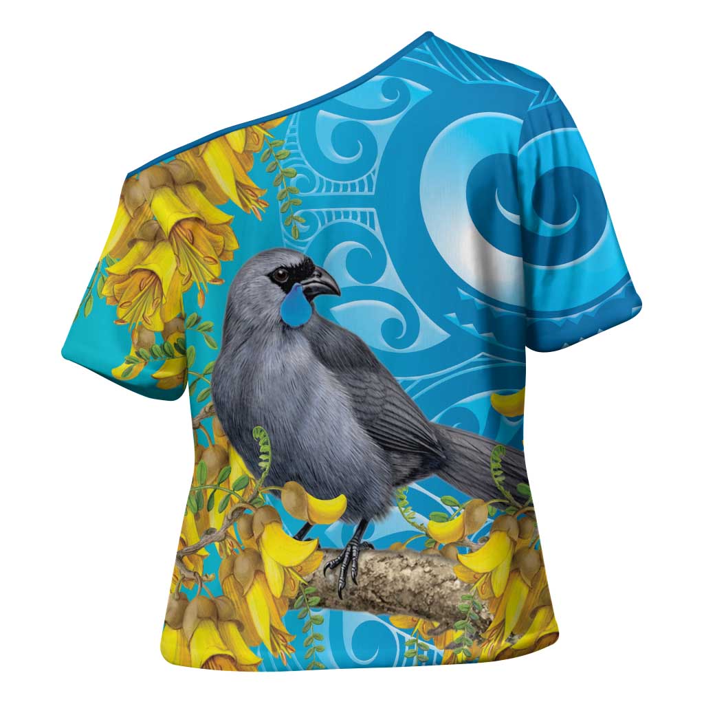 New Zealand Kokako Bird Cross Shoulder Shirt Maori Koru With Kowhai Flowers - Aussie Hoodie