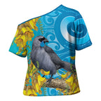 New Zealand Kokako Bird Cross Shoulder Shirt Maori Koru With Kowhai Flowers - Aussie Hoodie