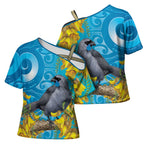 New Zealand Kokako Bird Cross Shoulder Shirt Maori Koru With Kowhai Flowers - Aussie Hoodie