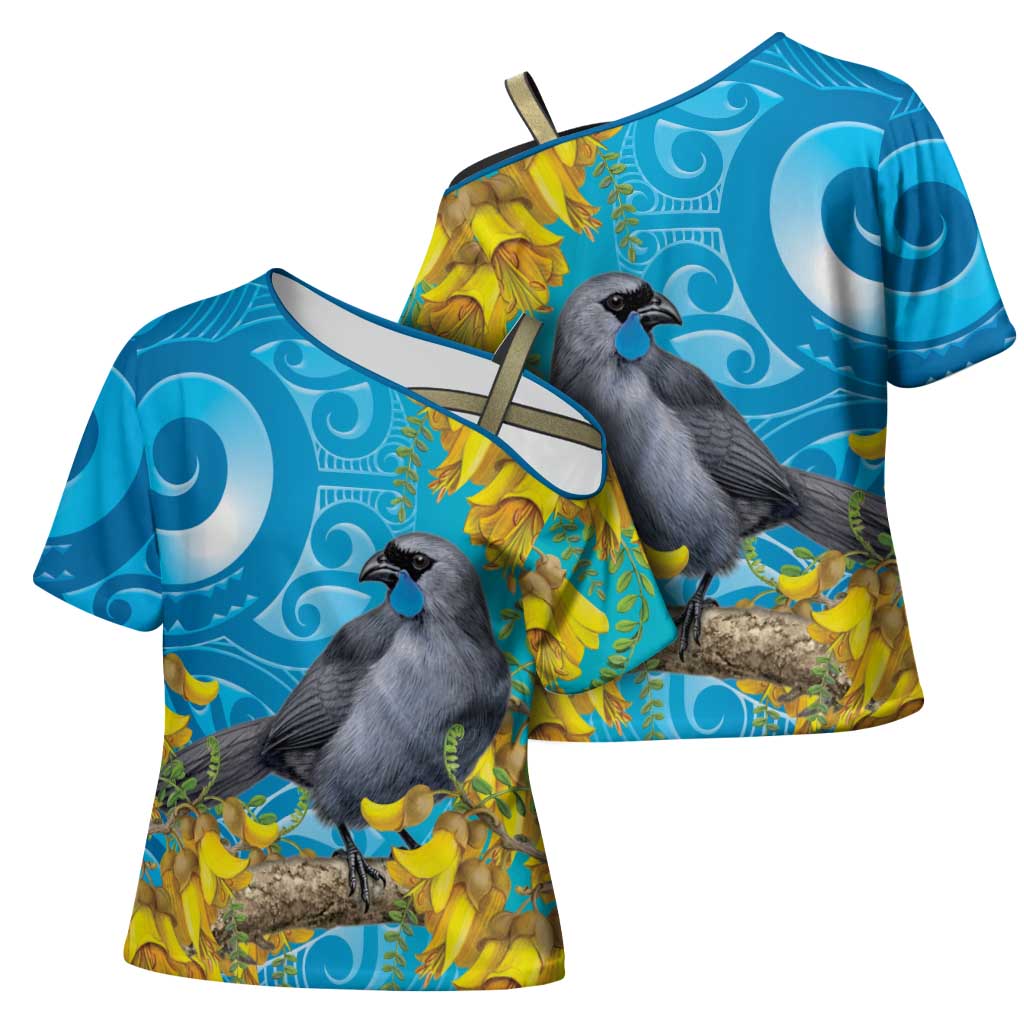 New Zealand Kokako Bird Cross Shoulder Shirt Maori Koru With Kowhai Flowers - Aussie Hoodie
