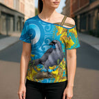 New Zealand Kokako Bird Cross Shoulder Shirt Maori Koru With Kowhai Flowers - Aussie Hoodie