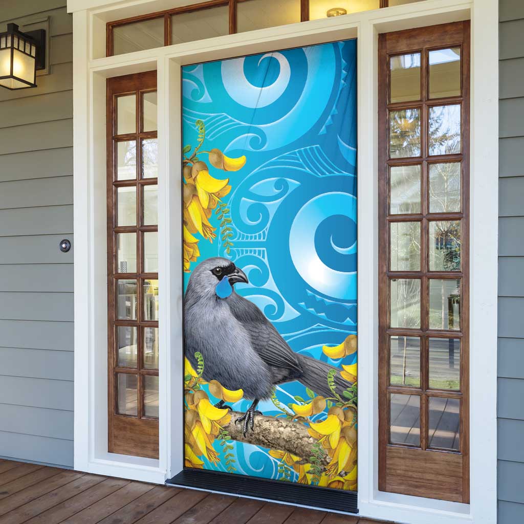New Zealand Kokako Bird Door Cover Maori Koru With Kowhai Flowers - Aussie Hoodie