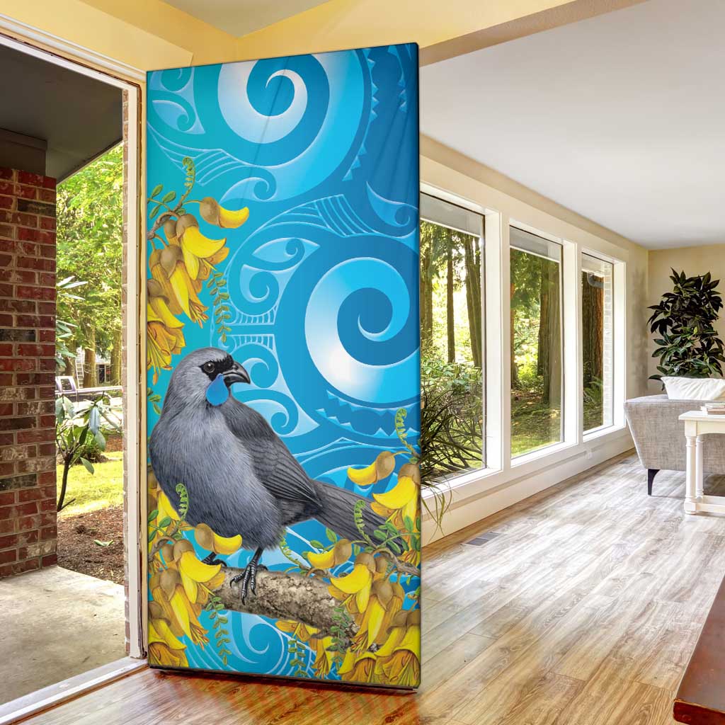 New Zealand Kokako Bird Door Cover Maori Koru With Kowhai Flowers - Aussie Hoodie