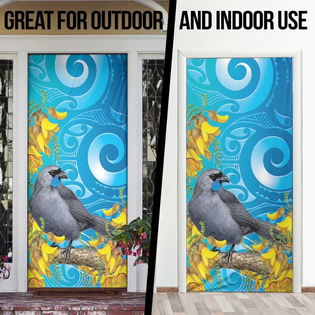 New Zealand Kokako Bird Door Cover Maori Koru With Kowhai Flowers - Aussie Hoodie