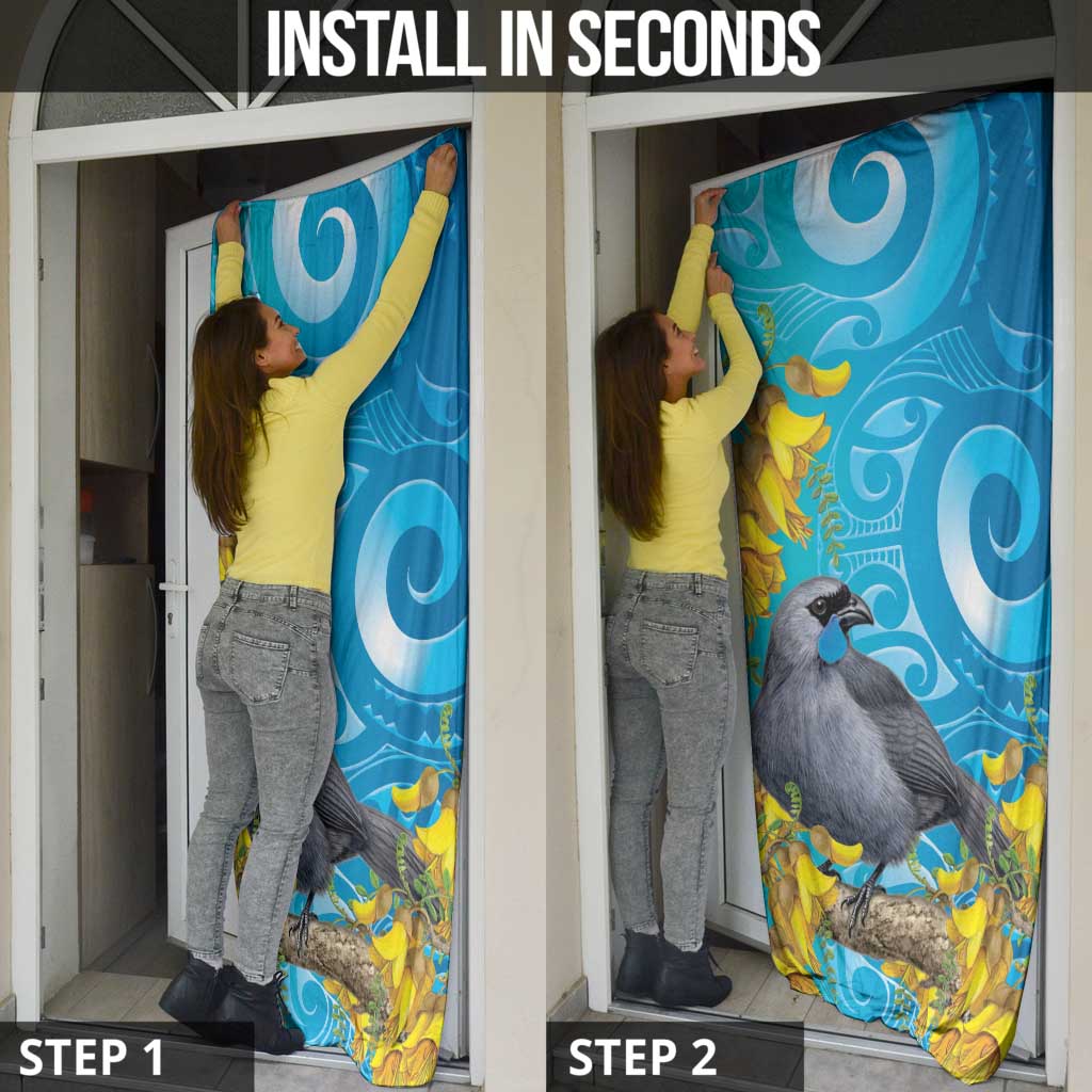 New Zealand Kokako Bird Door Cover Maori Koru With Kowhai Flowers - Aussie Hoodie
