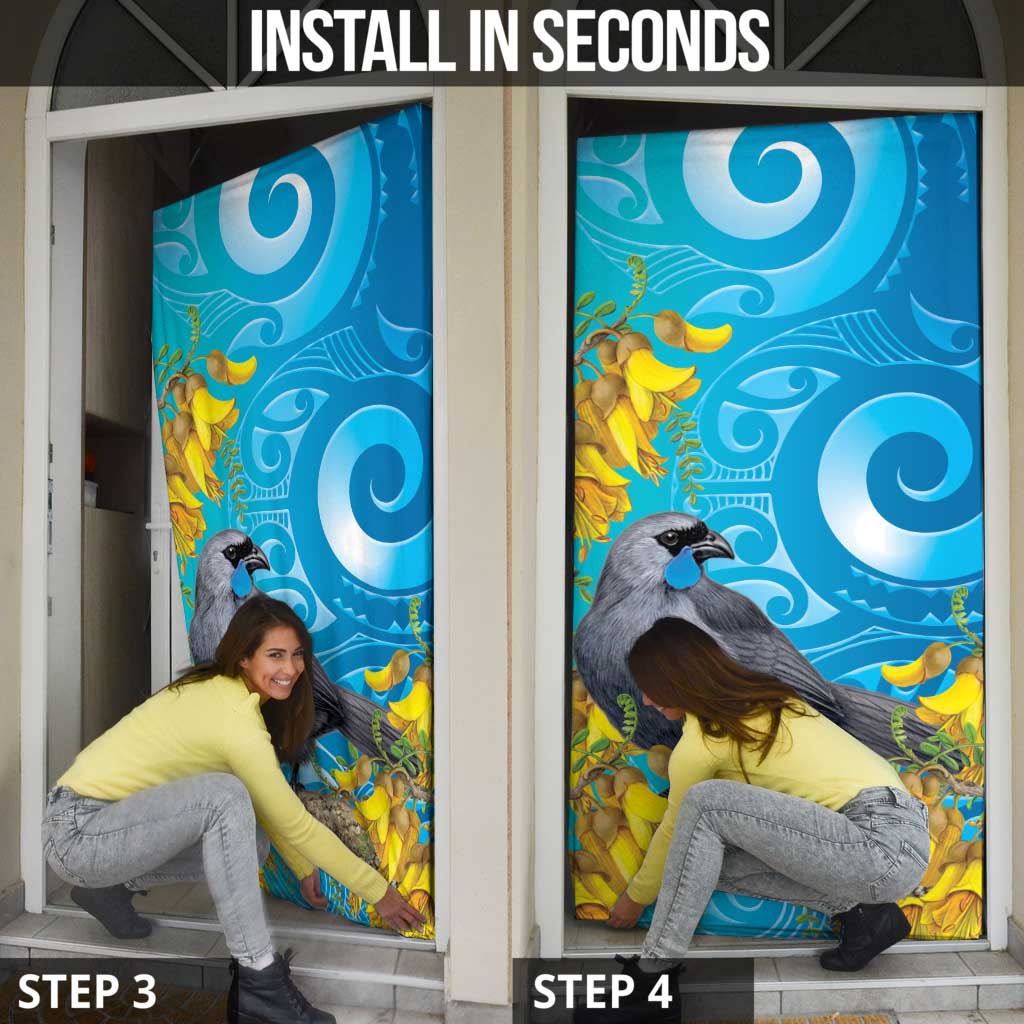 New Zealand Kokako Bird Door Cover Maori Koru With Kowhai Flowers - Aussie Hoodie