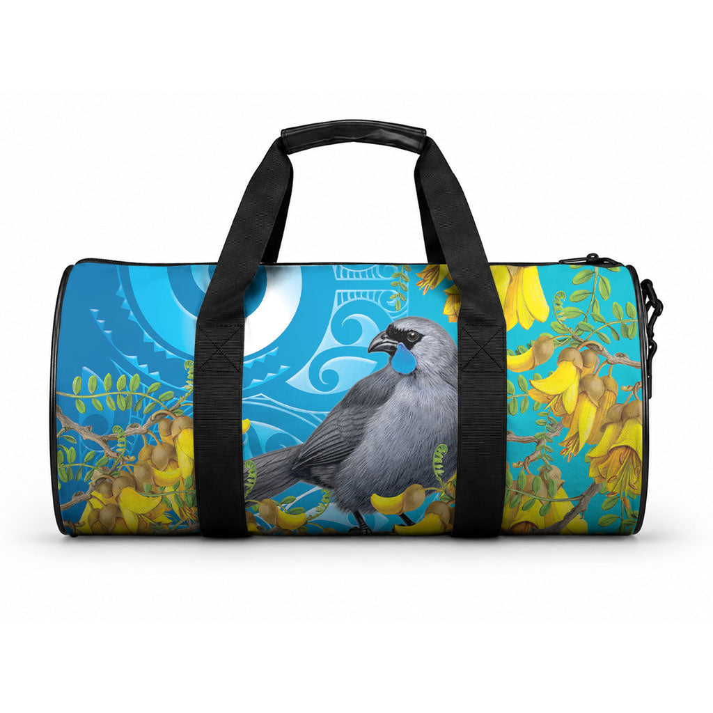 New Zealand Kokako Bird Duffle Bag Maori Koru With Kowhai Flowers