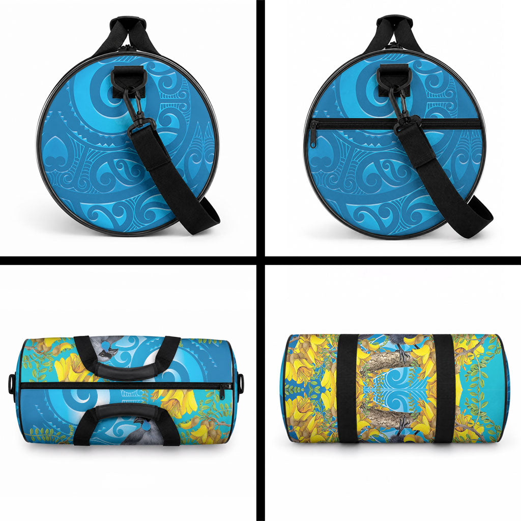 New Zealand Kokako Bird Duffle Bag Maori Koru With Kowhai Flowers