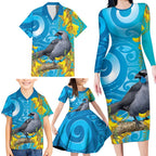 New Zealand Kokako Bird Family Matching Long Sleeve Bodycon Dress and Hawaiian Shirt Maori Koru With Kowhai Flowers