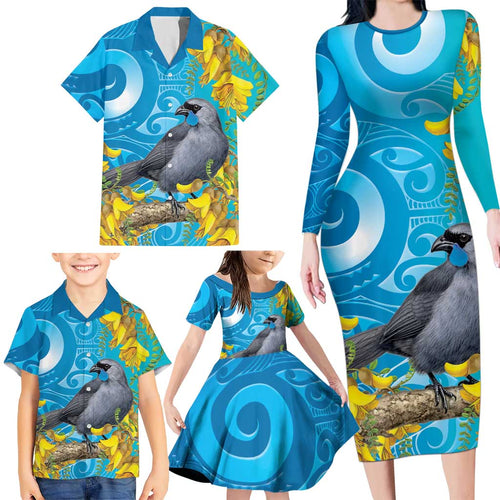 New Zealand Kokako Bird Family Matching Long Sleeve Bodycon Dress and Hawaiian Shirt Maori Koru With Kowhai Flowers