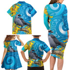 New Zealand Kokako Bird Family Matching Long Sleeve Bodycon Dress and Hawaiian Shirt Maori Koru With Kowhai Flowers
