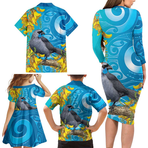 New Zealand Kokako Bird Family Matching Long Sleeve Bodycon Dress and Hawaiian Shirt Maori Koru With Kowhai Flowers