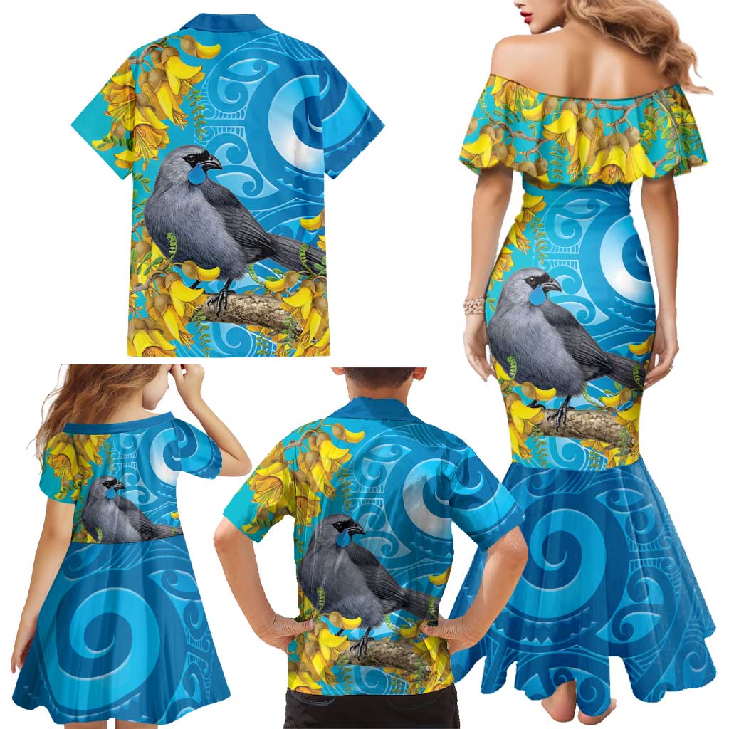 New Zealand Kokako Bird Family Matching Mermaid Dress and Hawaiian Shirt Maori Koru With Kowhai Flowers