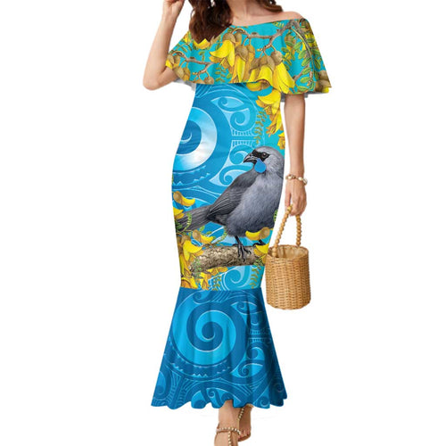 New Zealand Kokako Bird Family Matching Mermaid Dress and Hawaiian Shirt Maori Koru With Kowhai Flowers