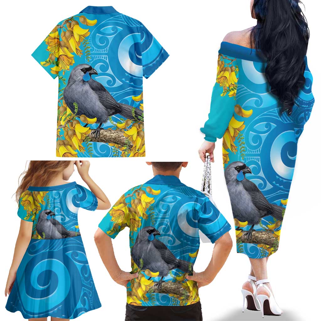 New Zealand Kokako Bird Family Matching Off The Shoulder Long Sleeve Dress and Hawaiian Shirt Maori Koru With Kowhai Flowers