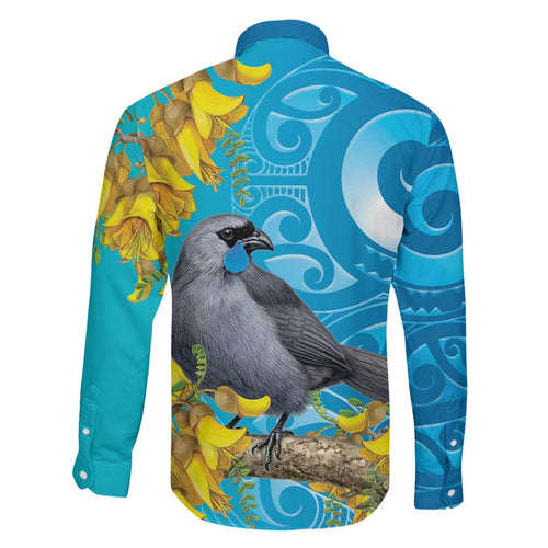New Zealand Kokako Bird Family Matching Off The Shoulder Long Sleeve Dress and Hawaiian Shirt Maori Koru With Kowhai Flowers