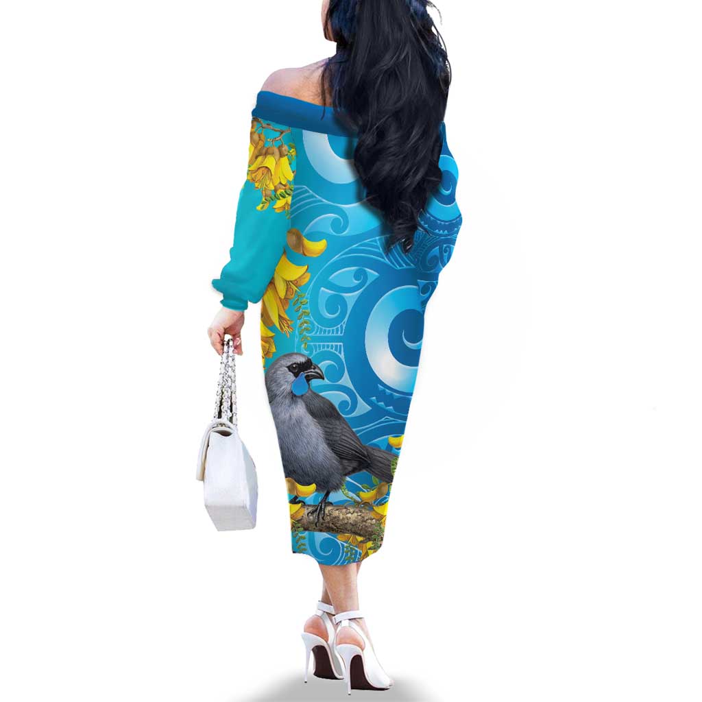 New Zealand Kokako Bird Family Matching Off The Shoulder Long Sleeve Dress and Hawaiian Shirt Maori Koru With Kowhai Flowers