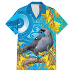New Zealand Kokako Bird Family Matching Puletasi and Hawaiian Shirt Maori Koru With Kowhai Flowers