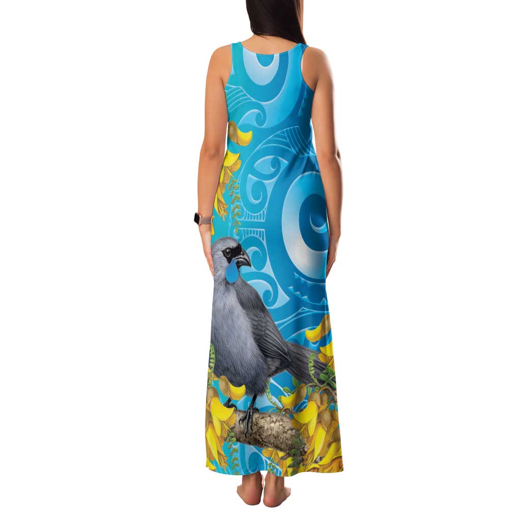 New Zealand Kokako Bird Family Matching Tank Maxi Dress and Hawaiian Shirt Maori Koru With Kowhai Flowers