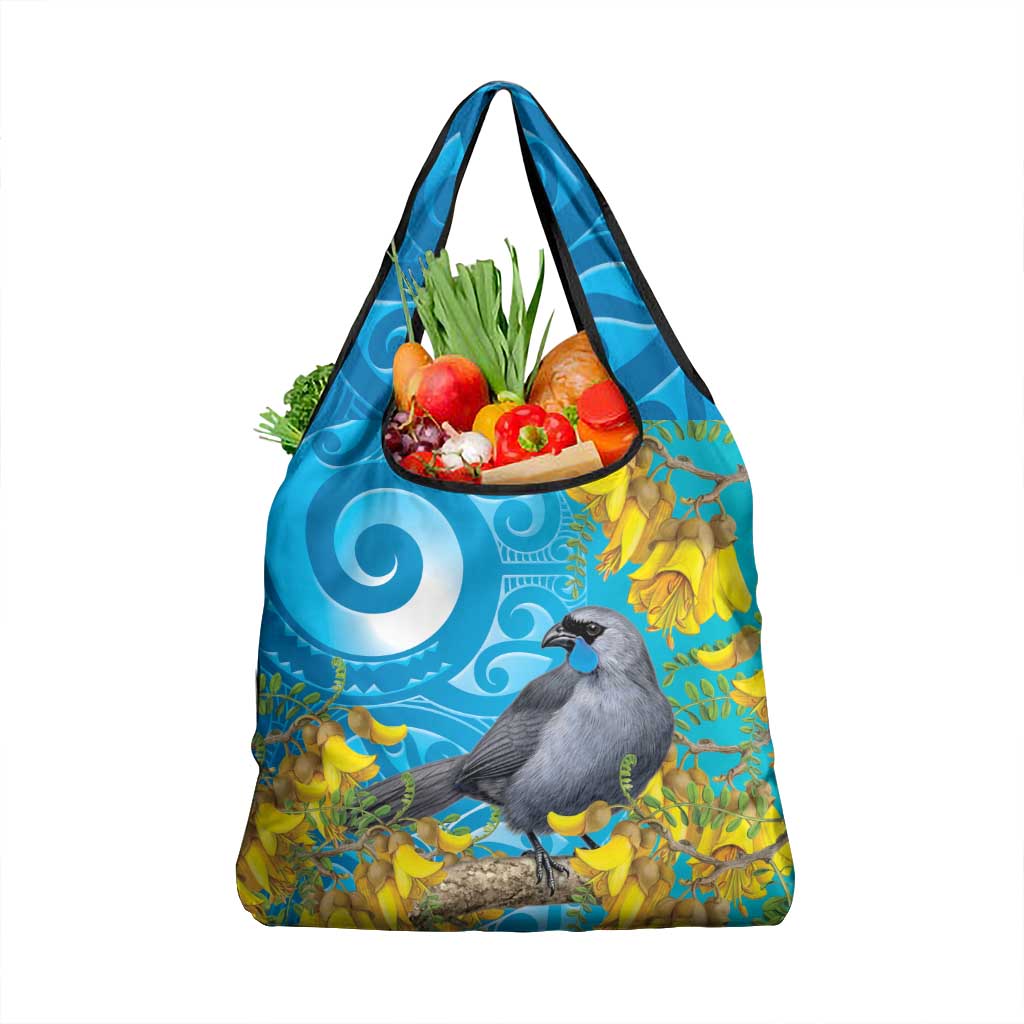 New Zealand Kokako Bird Grocery Bag Maori Koru With Kowhai Flowers - Aussie Hoodie