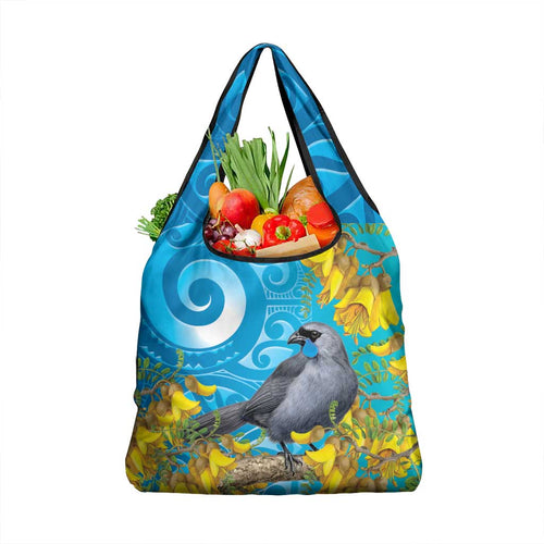 New Zealand Kokako Bird Grocery Bag Maori Koru With Kowhai Flowers - Aussie Hoodie
