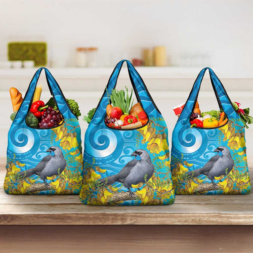 New Zealand Kokako Bird Grocery Bag Maori Koru With Kowhai Flowers - Aussie Hoodie