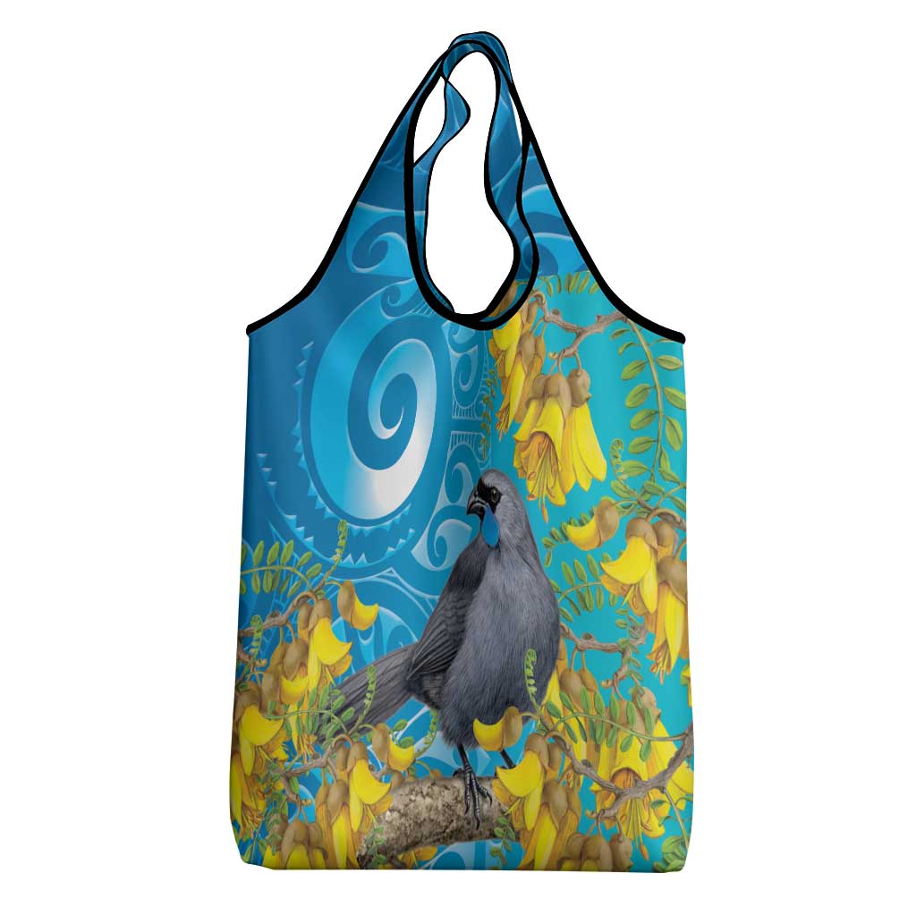 New Zealand Kokako Bird Grocery Bag Maori Koru With Kowhai Flowers - Aussie Hoodie