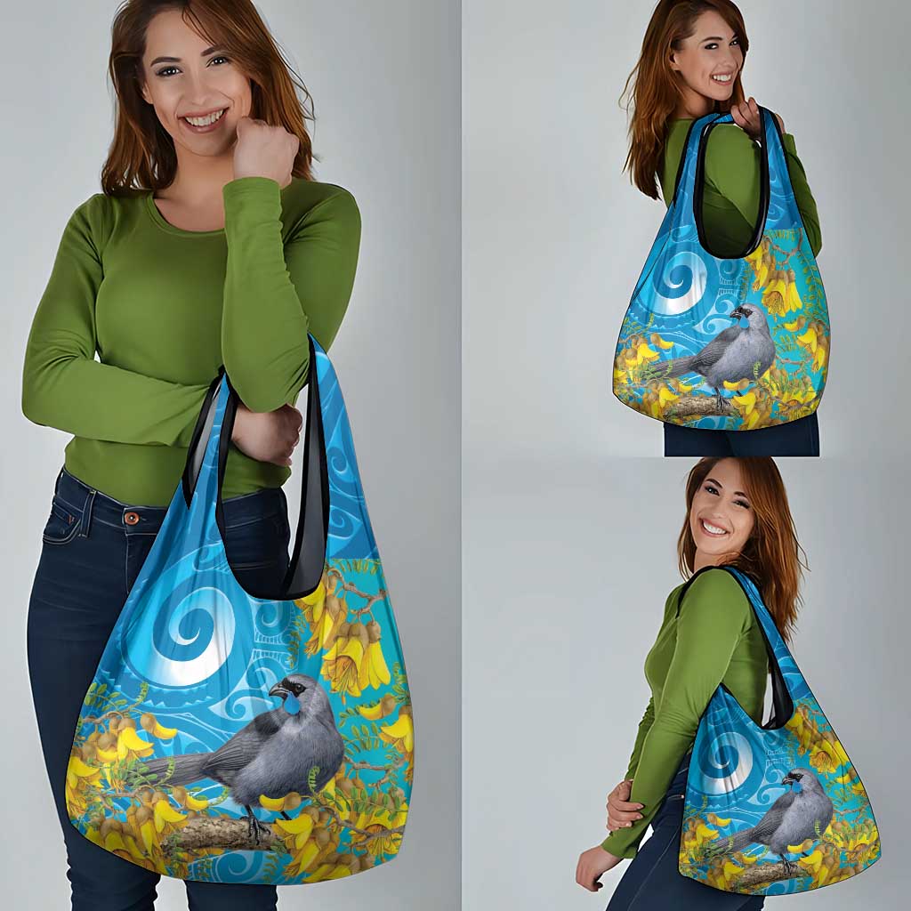 New Zealand Kokako Bird Grocery Bag Maori Koru With Kowhai Flowers - Aussie Hoodie