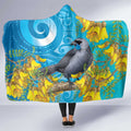 New Zealand Kokako Bird Hooded Blanket Maori Koru With Kowhai Flowers - Aussie Hoodie