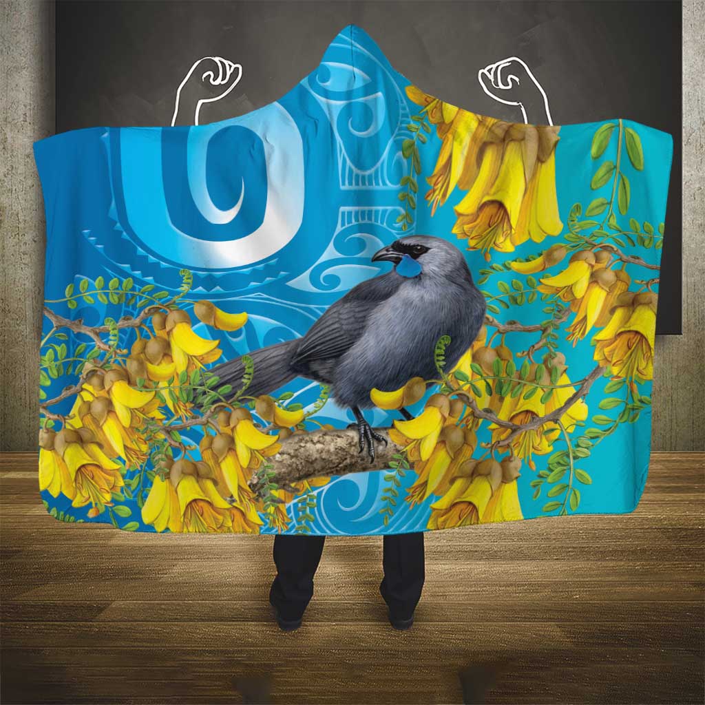 New Zealand Kokako Bird Hooded Blanket Maori Koru With Kowhai Flowers - Aussie Hoodie