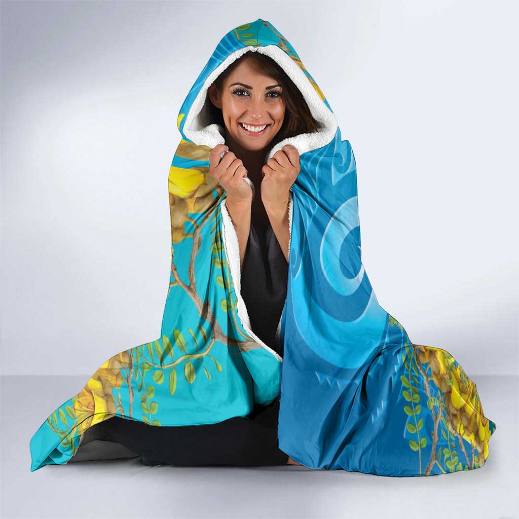 New Zealand Kokako Bird Hooded Blanket Maori Koru With Kowhai Flowers - Aussie Hoodie