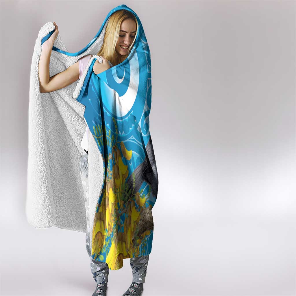 New Zealand Kokako Bird Hooded Blanket Maori Koru With Kowhai Flowers - Aussie Hoodie