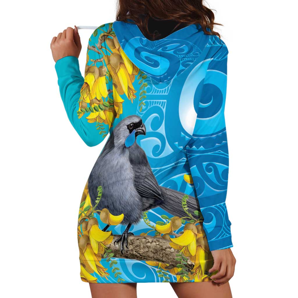 New Zealand Kokako Bird Hoodie Dress Maori Koru With Kowhai Flowers - Aussie Hoodie