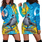 New Zealand Kokako Bird Hoodie Dress Maori Koru With Kowhai Flowers - Aussie Hoodie