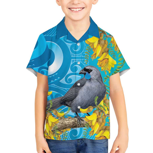 New Zealand Kokako Bird Kid Hawaiian Shirt Maori Koru With Kowhai Flowers - Aussie Hoodie