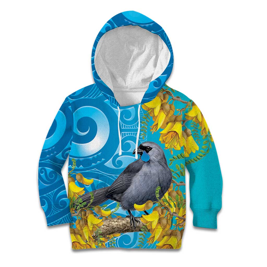 New Zealand Kokako Bird Kid Hoodie Maori Koru With Kowhai Flowers - Aussie Hoodie