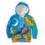 New Zealand Kokako Bird Kid Hoodie Maori Koru With Kowhai Flowers - Aussie Hoodie