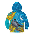 New Zealand Kokako Bird Kid Hoodie Maori Koru With Kowhai Flowers - Aussie Hoodie