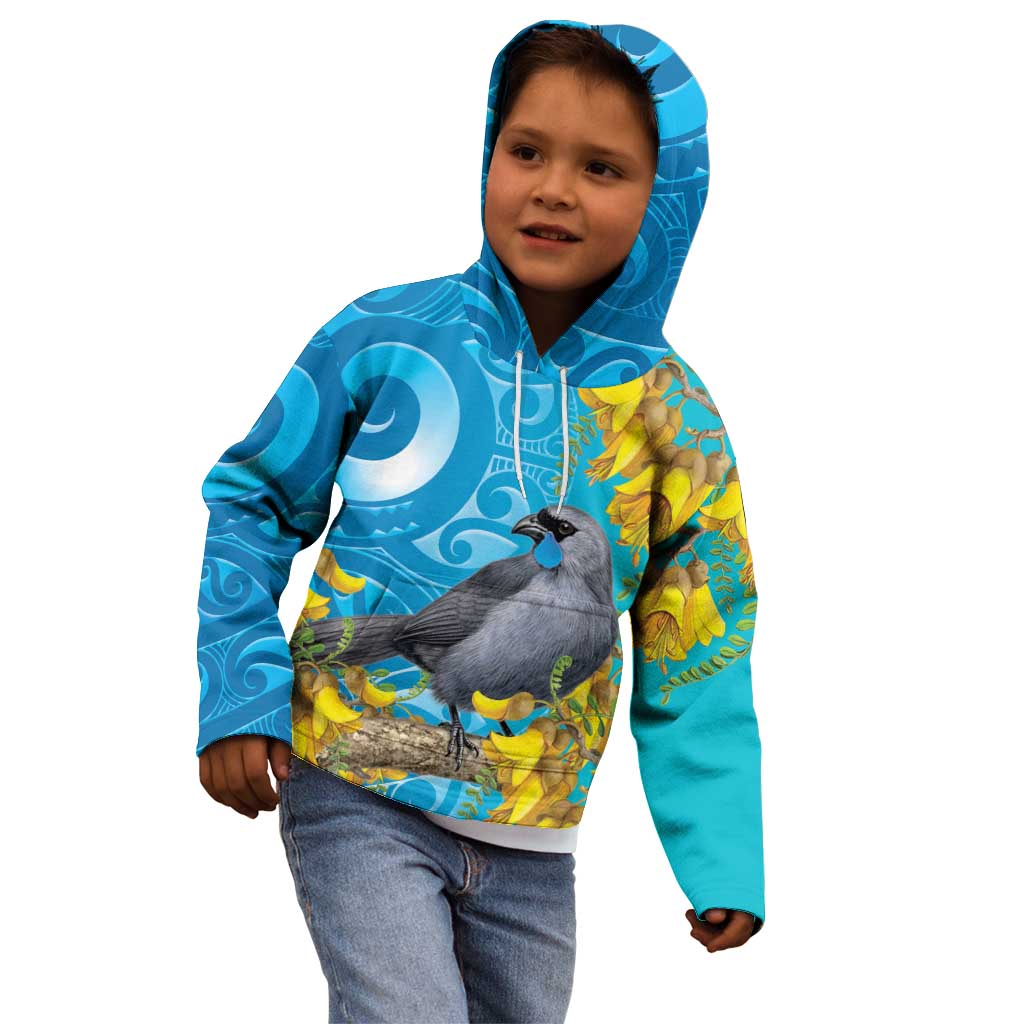 New Zealand Kokako Bird Kid Hoodie Maori Koru With Kowhai Flowers - Aussie Hoodie