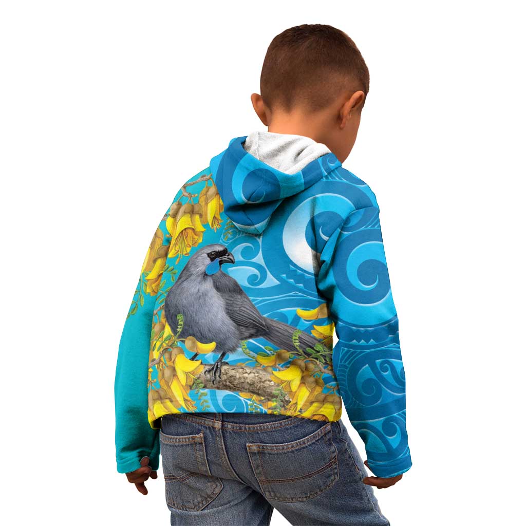 New Zealand Kokako Bird Kid Hoodie Maori Koru With Kowhai Flowers - Aussie Hoodie