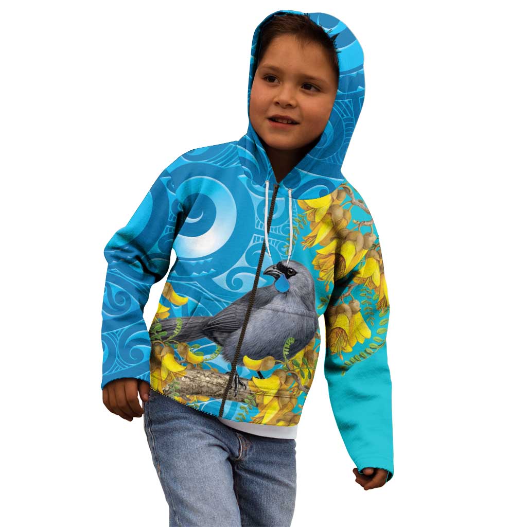 New Zealand Kokako Bird Kid Hoodie Maori Koru With Kowhai Flowers - Aussie Hoodie