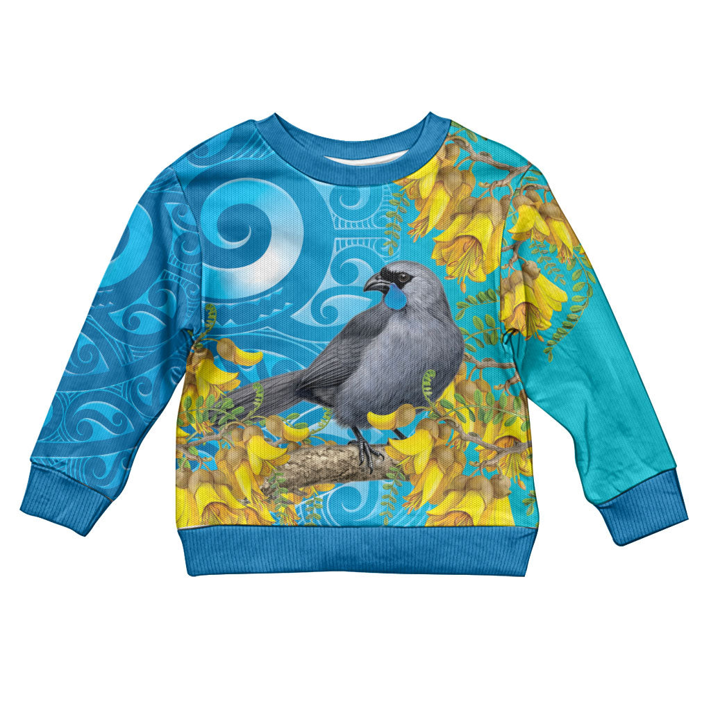 New Zealand Kokako Bird Kid Ugly Christmas Sweater Maori Koru With Kowhai Flowers