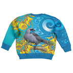 New Zealand Kokako Bird Kid Ugly Christmas Sweater Maori Koru With Kowhai Flowers