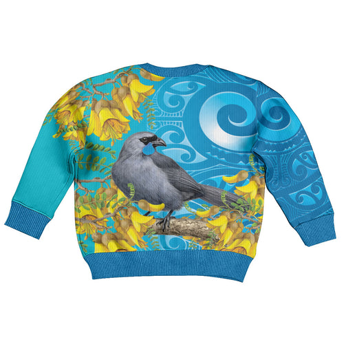 New Zealand Kokako Bird Kid Ugly Christmas Sweater Maori Koru With Kowhai Flowers
