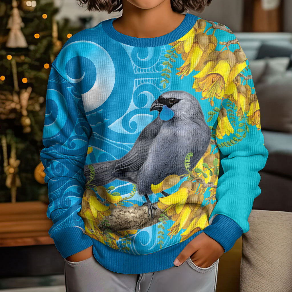 New Zealand Kokako Bird Kid Ugly Christmas Sweater Maori Koru With Kowhai Flowers