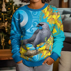 New Zealand Kokako Bird Kid Ugly Christmas Sweater Maori Koru With Kowhai Flowers