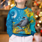 New Zealand Kokako Bird Kid Ugly Christmas Sweater Maori Koru With Kowhai Flowers