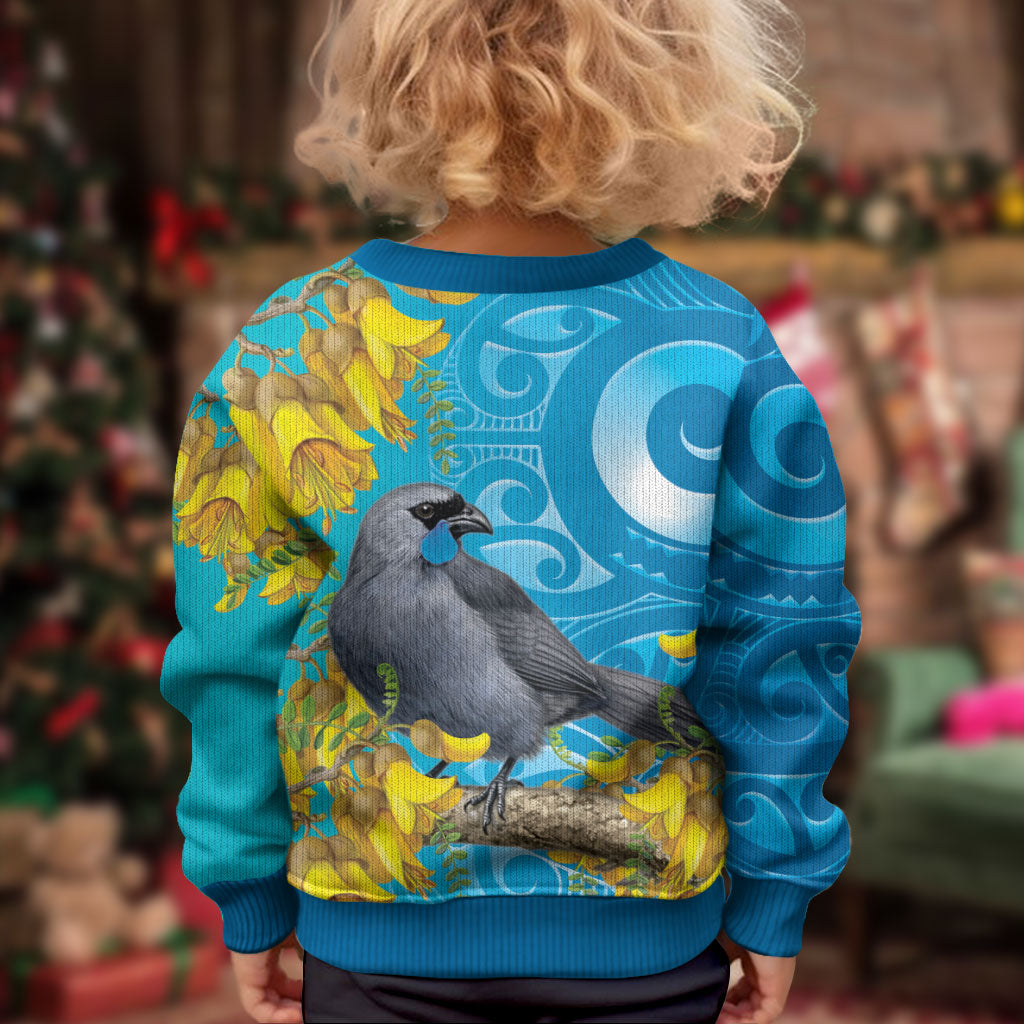 New Zealand Kokako Bird Kid Ugly Christmas Sweater Maori Koru With Kowhai Flowers